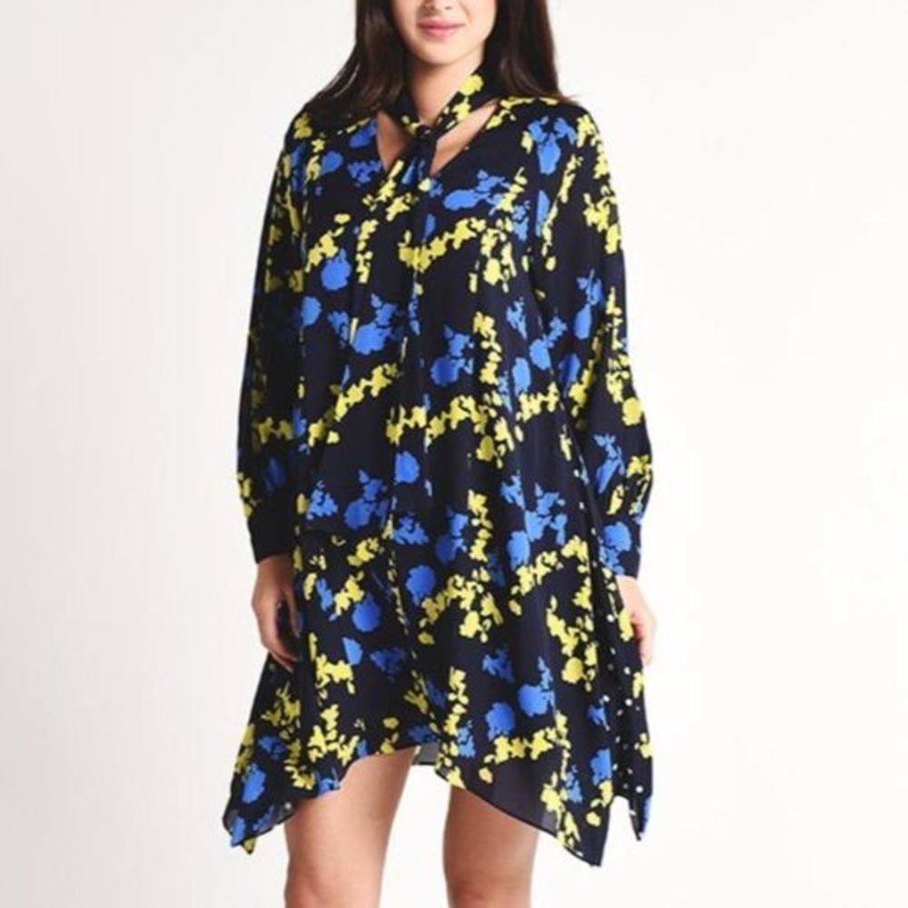Tanya Taylor dress floral tie neck blue black yellow 4 XS